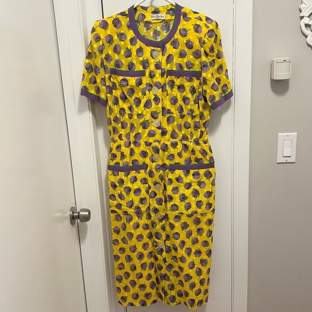 Vintage Denis Marciano Paris Purple Yellow Floral Button Midi Pencil Dress 10